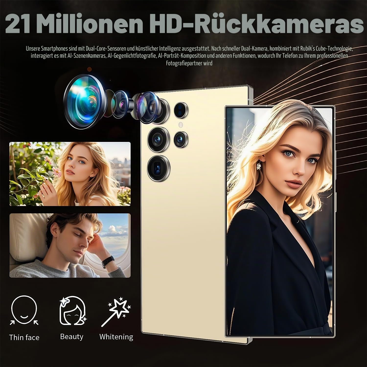 Android Smartphone Handy Ohne Vertrag Günstig, 8+256GB Dual SIM 6.8" HD-Bildschirm 4500mAh Akku 21+8MP Kamera, Simlockfreie Handys/OTG/Face ID,Blau