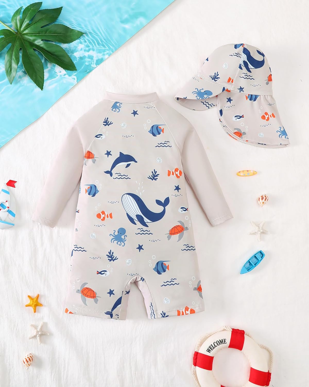 Baby Boy Swimsuit Rash Guard Swimwear Zipper Toddler Boy One Piece Bathing Suit With Hat Sun Protection Sunsuit - Image 4