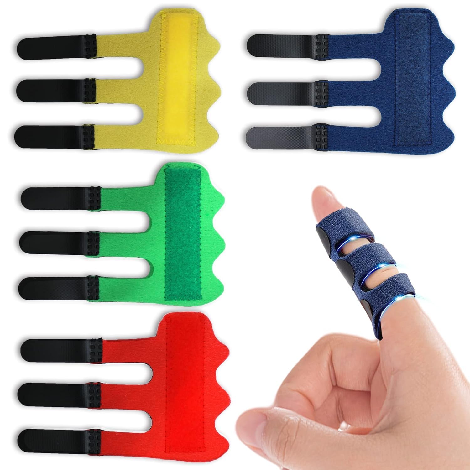 Finger Splints (4Pcs)-Upgraded Trigger Finger Splint: Trigger Finger Brace Support with 3 Adjustable Fixing Belt, Finger Straightener for Middle/Ring/Index/Pinky/Thumb (Dark Blue/Yellow/Green/Red)