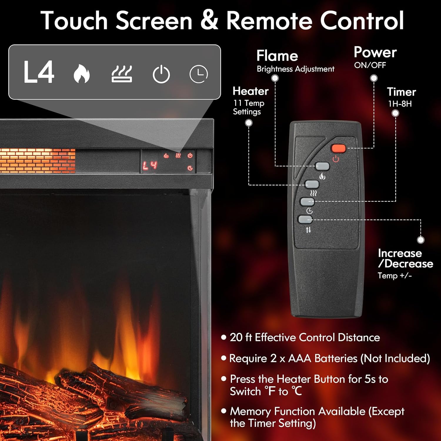 SIMOE 3-Sided Electric Fireplace Insert 23 Inch with Remote Control, Recessed Fireplace Electric with Adjustable Brightness, Thermostat, Overheat Protection, 8H Timer, 1500W