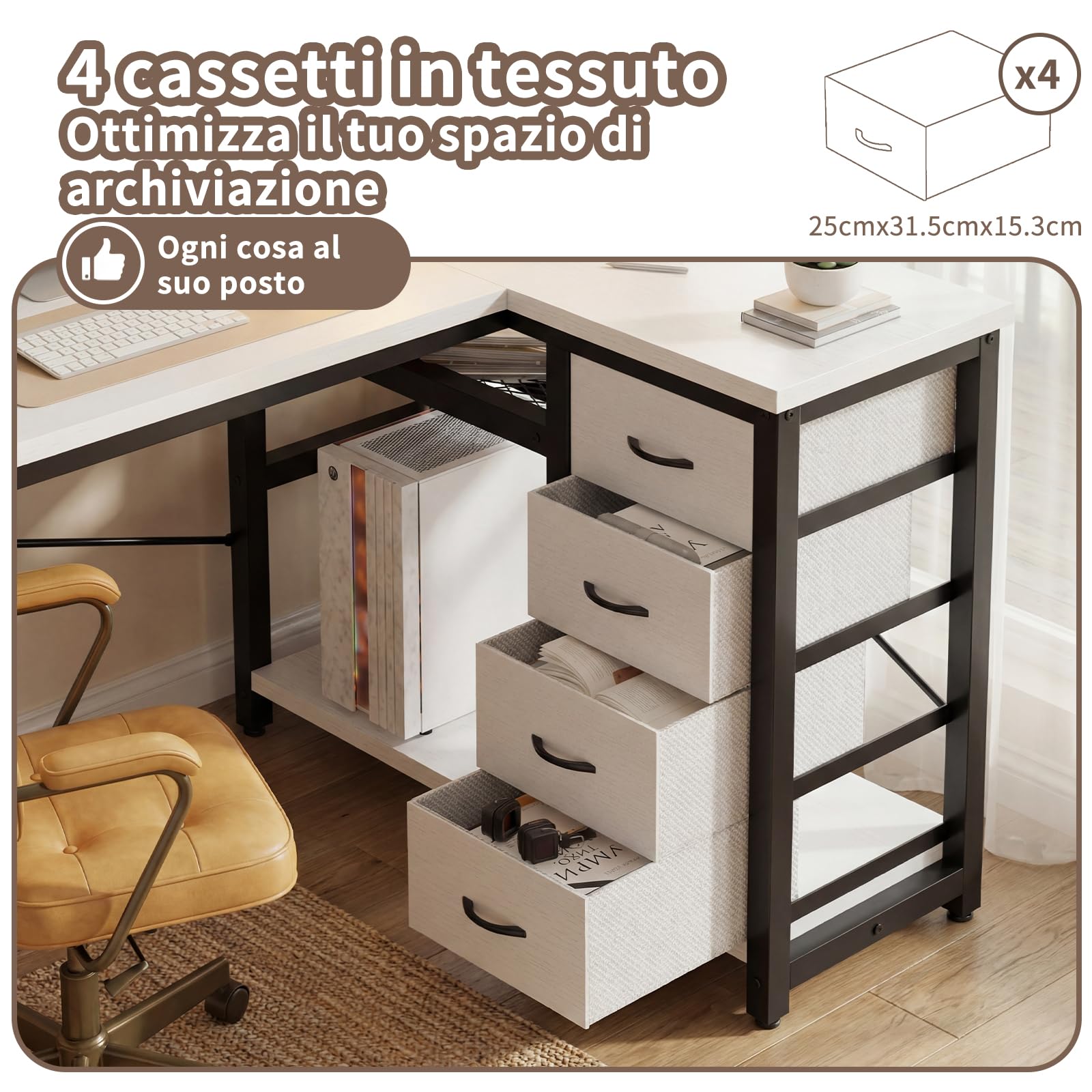 JUMMICO Scrivania a forma di L con 4 cassetti in tessuto, scrivania angolare reversibile con 2 prese e 2 porte USB, scrivania per computer a forma di L, per home office gaming, bianco, 160 x 80 cm