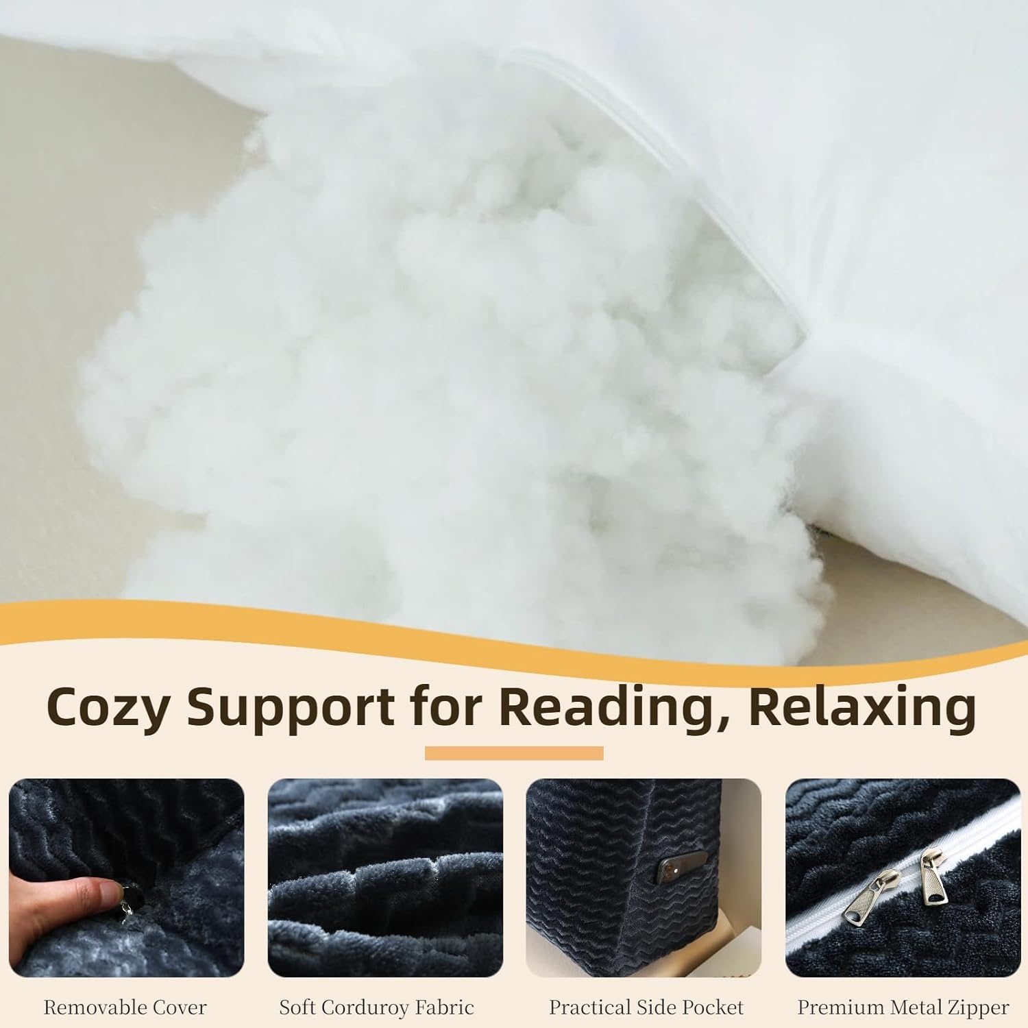 Headboard Pillow King Size, Reading Pillow for Bed, Wave Pattern Wedge Pillow, Tufted Backrest Support, Headboard Substitute, Darkgray