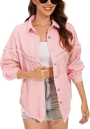 Esmeling Womens Oversized Rivet Stud Jean Jacket Chain Fringe Denim ...