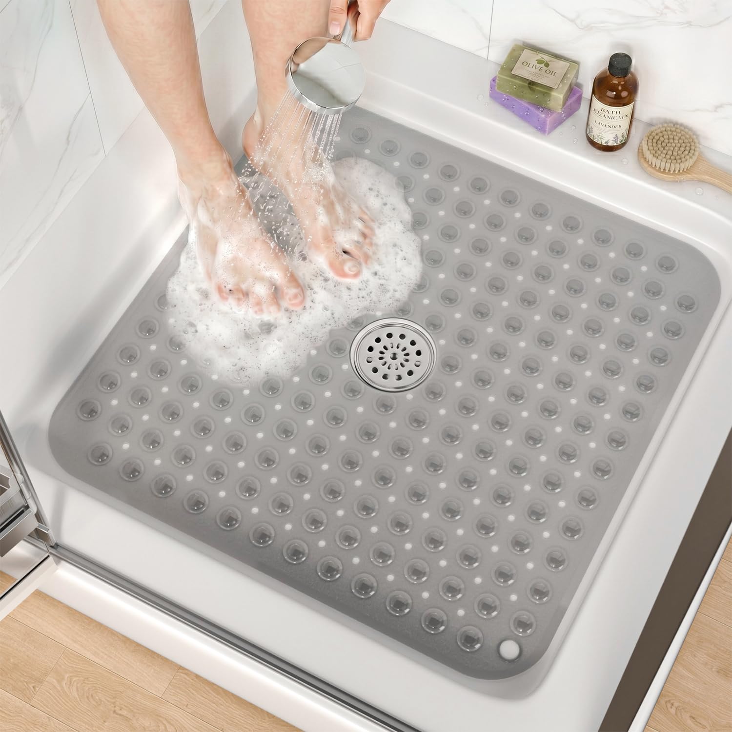 HITSLAM Square Shower Mat, Non Slip PVC Stall Mat, 24"x24", Grey