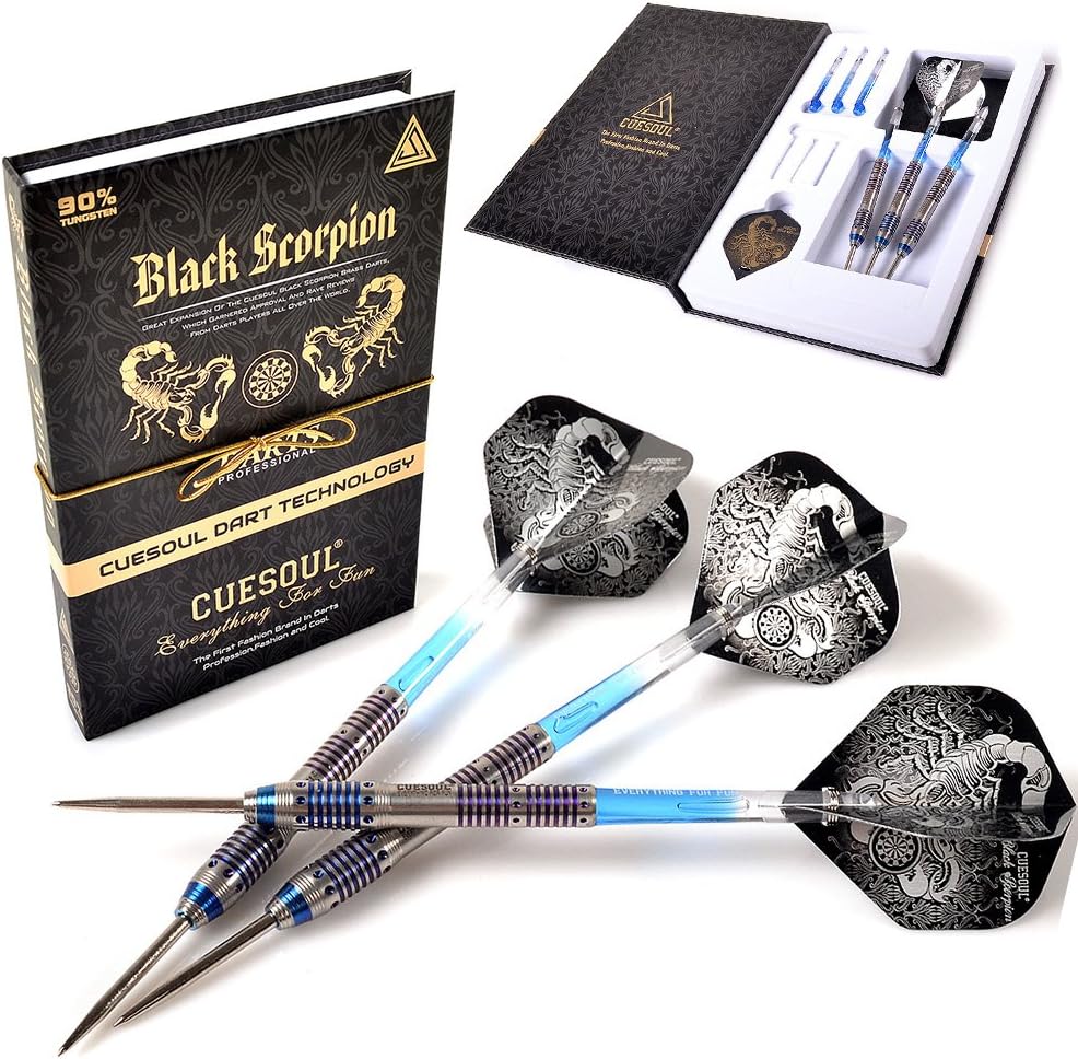 CUESOUL Black Scorpion 22/24/26 Grams Tungsten Steel Tip Dart Set,Barrel with Titanium Coated Finished