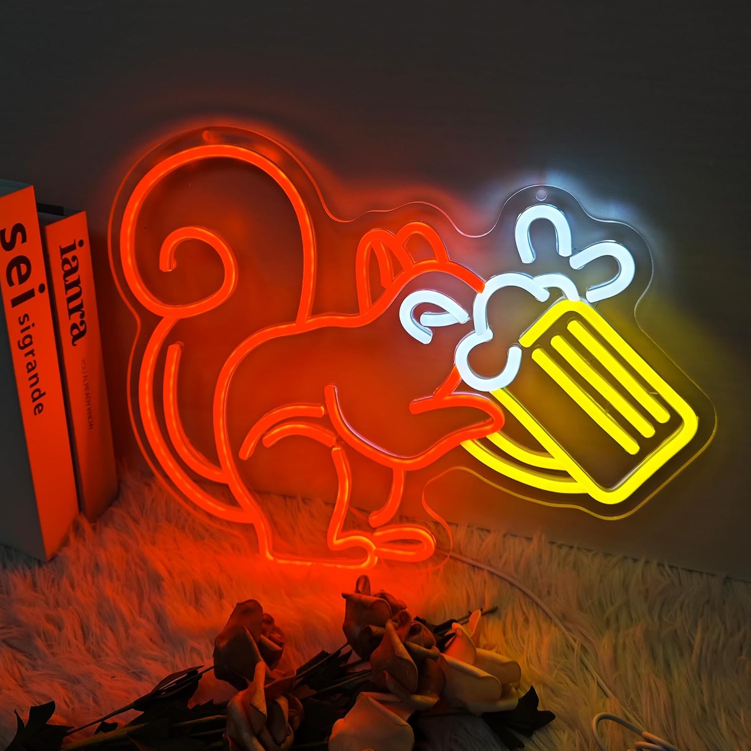 Squirrel Beer Neon Sign Gifts for Men Wall Art Orange Squirrel Drinking Neon Sign Animal-Themed Neon Sign Dimmable LED Neon Light Suitable for Bars/Cigar Lounges/Party Rooms/Commercial Spaces/Game Rooms