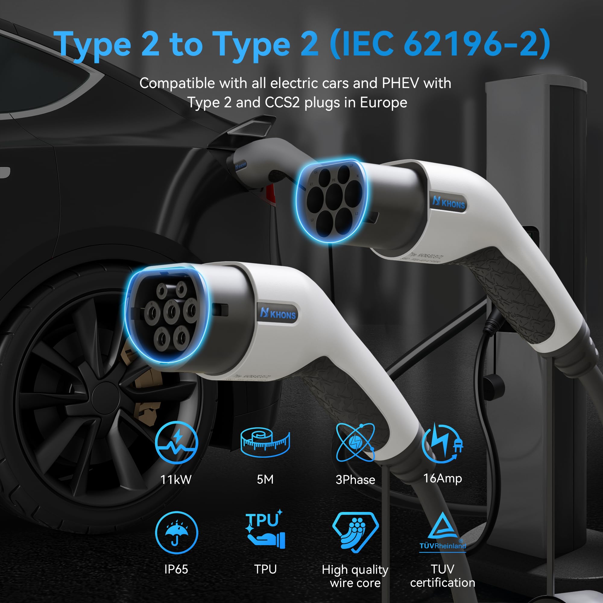 Typ 2 Ladekabel 16A/11 kW/3-Phasig/5 Meter Elektroauto Ladekabel für E Auto EV/PHEV Modus 3 Kompatibel mit Model Y 3 S X, ID.3, ID.4, ID.5, IONIQ 5 (Weiß)