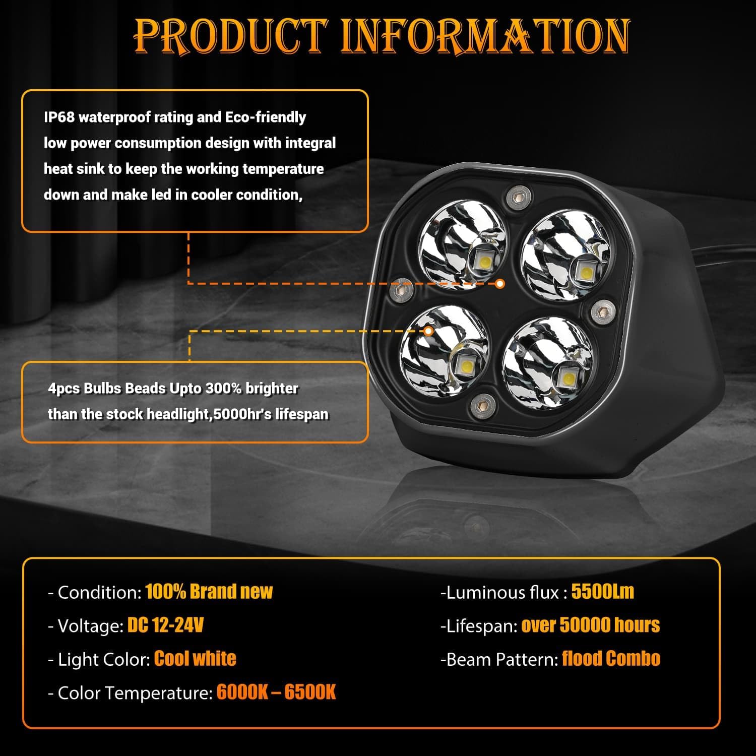 Upgrade LED Headlight Kit with Black Cover,Plug N Play LED Front Headlight Front Lamp Light With Mounting Bracket Square Bulbs Headlamp Assemblies for Sur Ron Ultra Bee 2022+