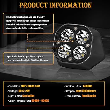 Upgrade LED Headlight Kit with Black Cover,Plug N Play LED Front Headlight Front Lamp Light With Mounting Bracket Square Bulbs Headlamp Assemblies for Sur Ron Ultra Bee 2022+
