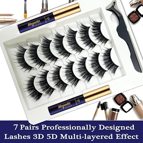 Miniatura 2 de 7C SevenCrown Pestañas magnéticas 3D de volumen completo medio con 2 tubos mejorados de delineador magnético, impermeables, aspecto natural, larga