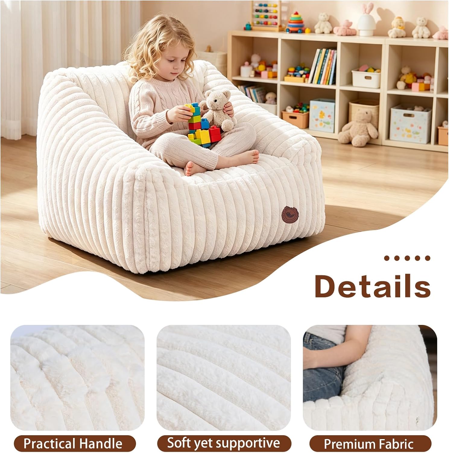Small Kids Bean Bag Chair,Memory Foam Filled Bean Bags with Beige Stripe Plush Bean Bag Sofa Removable&Washable Cover for Reading Gaming Bedroom Living Room Playroom image 4