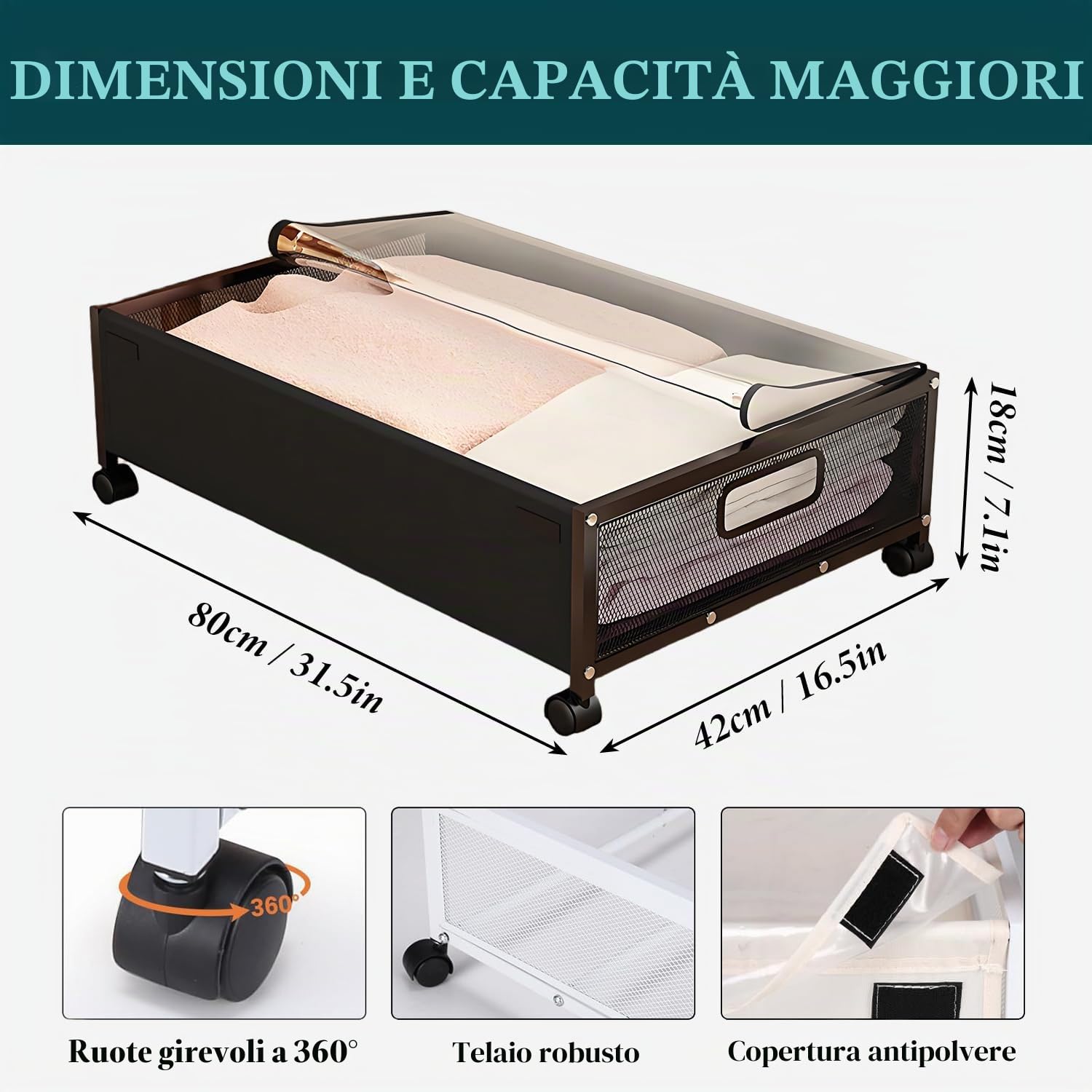 Contenitori sottoletto con ruote, 2 pezzi, 80x42x18 cm | Telaio metallico nero, coperchio trasparente, ordine salvaspazio per vestiti, scarpe e giocattoli
