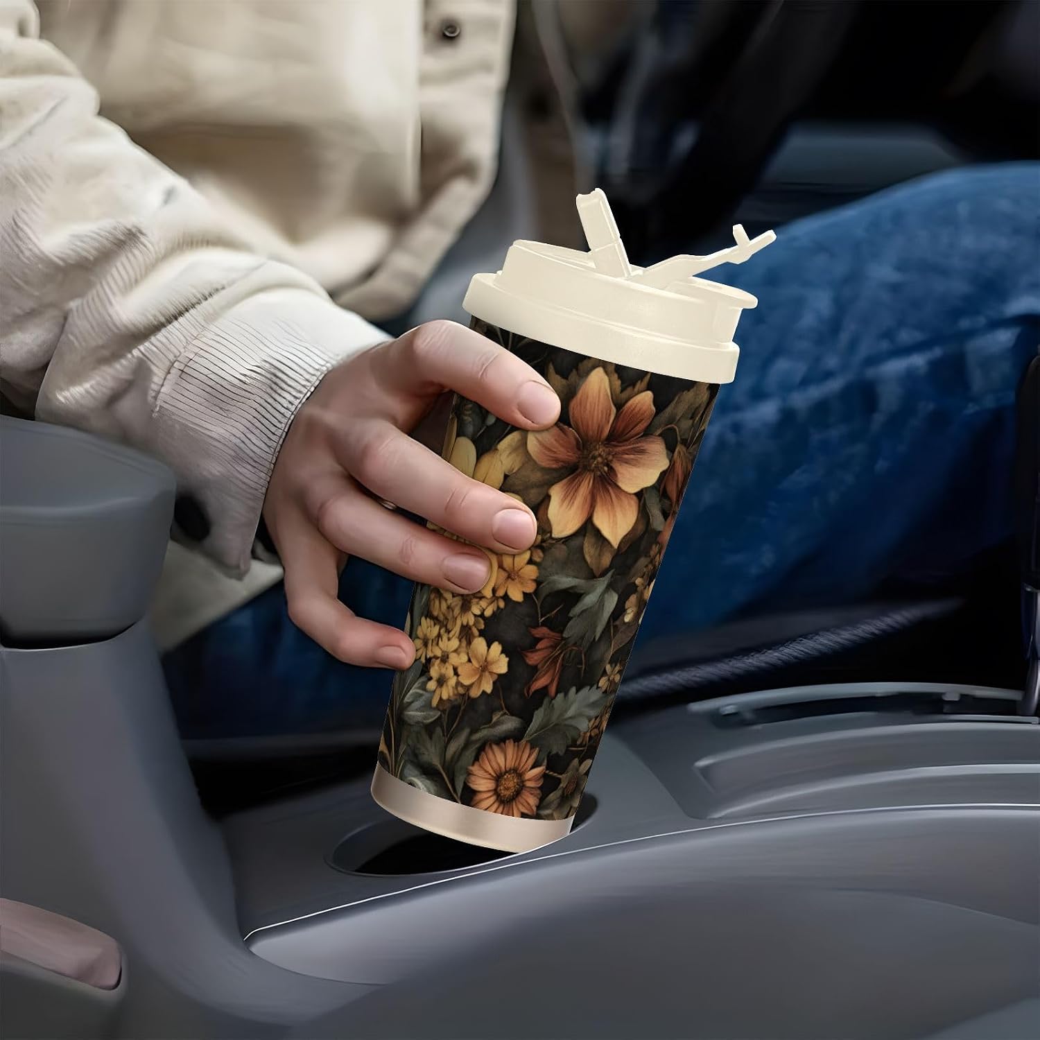 Flower Retro Art Insulated Coffee Mug with Straw & Flip Lid, 16.9oz Iced Tumbler Cup, Double Wall Vacuum Leak-Proof Mug for Travel Office