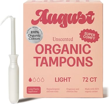 August Organic Tampons, 72-Pack Light Non-Toxic Tampons for Women | 100% organic cotton tampons with comfortable easy-glide long applicators. Fragrance free, hypoallergenic tampons for women.