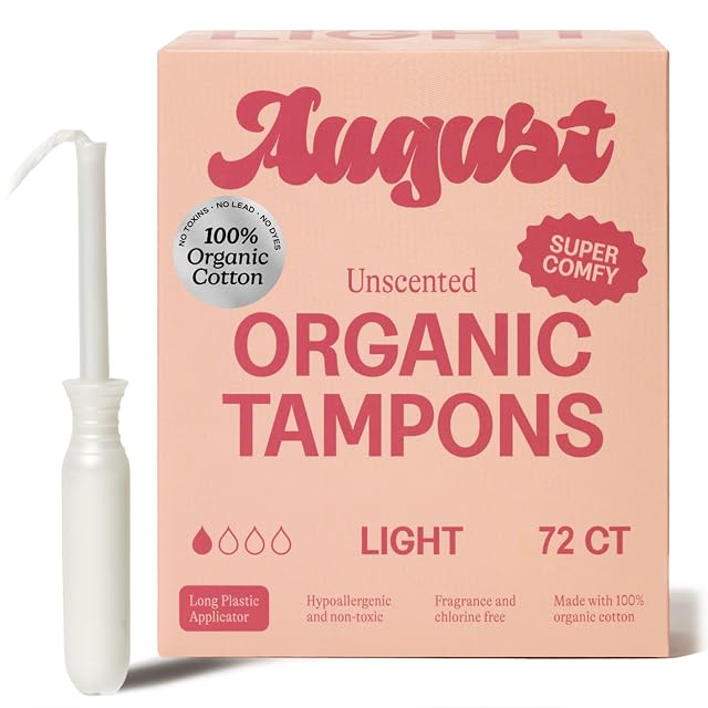 August Light Tampons - 72-Pack 100 Organic Cotton Tampons for Women and Anyone Who Menstruates Non-Toxic Fragrance-Free and