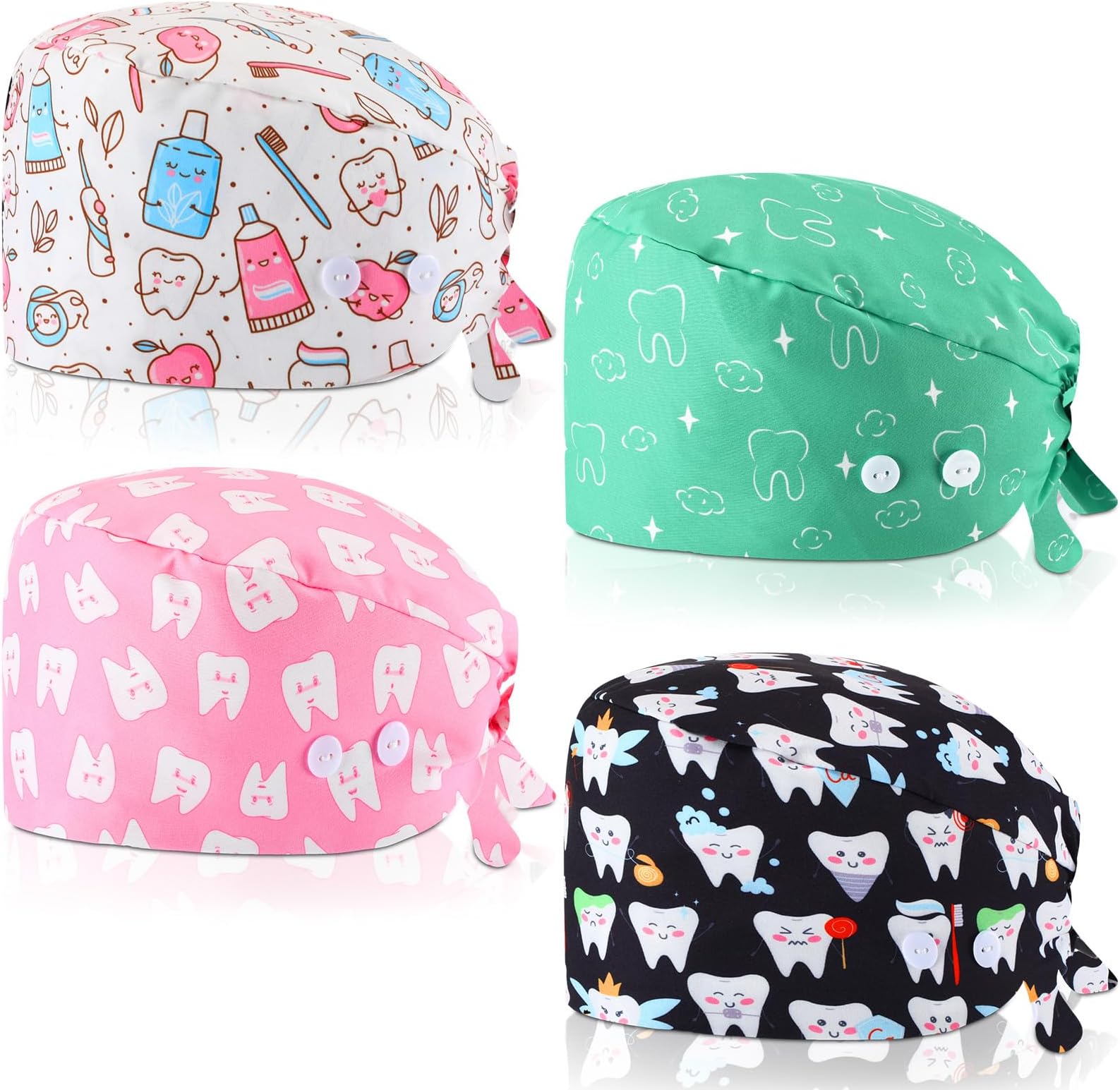 Unittype 4 Pcs Nurse Caps for Women Nursing Working Caps with Button and Sweatband Adjustable Elastic Scrub Hats for Dentist