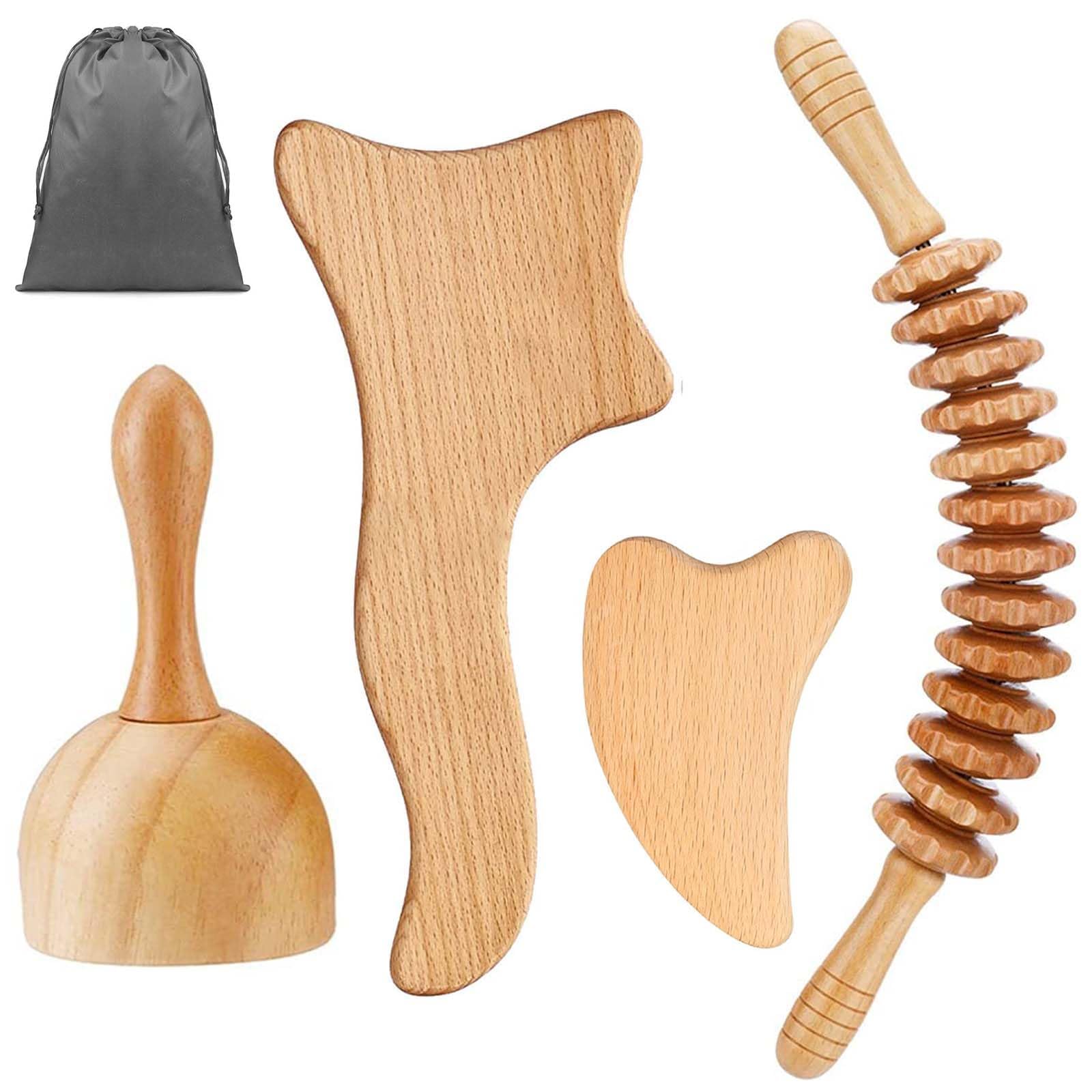 Gua Sha Set di 4 rulli massaggianti in legno, Gua Sha massaggiatore per collo, gambe, occhi, schiena e corpo, sollievo dal dolore e rilassamento, maderoterapia