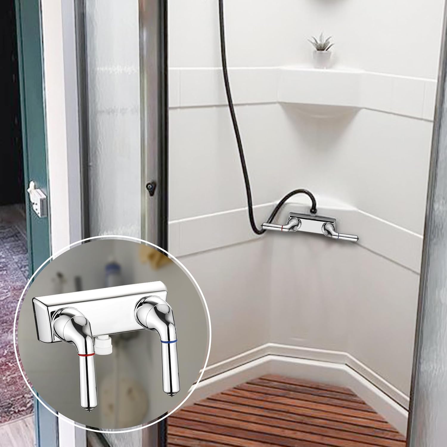 RV Shower Faucet, 4" RV Camper Shower Faucet Valve Diverter Replacement with Dual Lever Control Hot and Cold Water for Outside and Inside Bathroom, Chrome