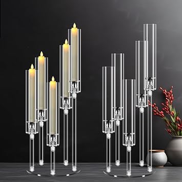 5 Arm Acrylic Candelabra Centerpieces for Tables,2 Sets Clear Candle Holder for Wedding,Home Decor,Table Decorations,22.8" Tall Candlestick Holders with Lampshade, Fits LED Candle
