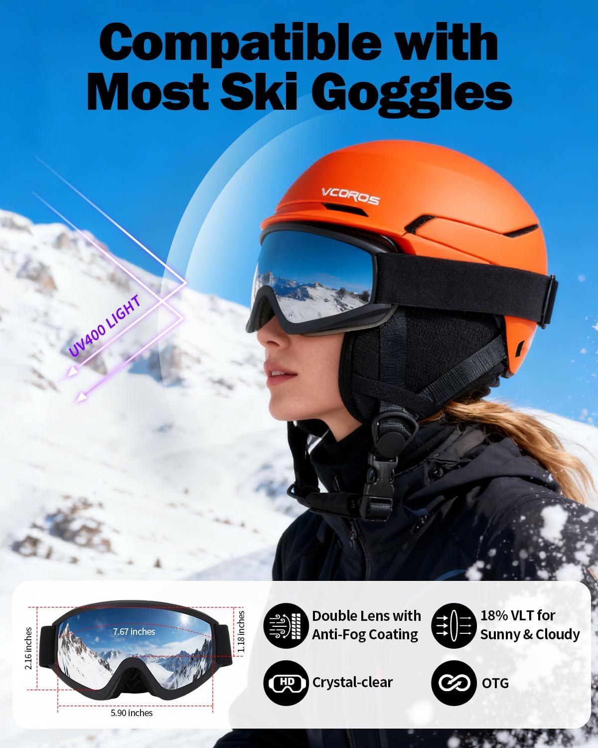 VCOROS Adult Ski Helmet with Goggles Set, Lightweight DXH-811 Snow Sport Helmet for Men and Women, Durable PC Shell, Shockproof Snowboard Helmet for Skiing Snowboarding Snowmobile