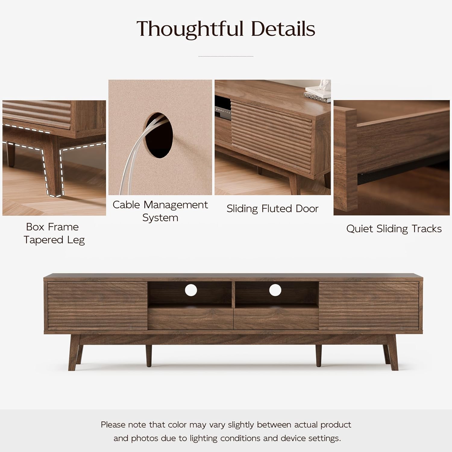 TOLEAD 70" Mid Century Modern TV Stand for TVs up to 75 Inch, Low Profile Entertainment Center with Fluted Sliding Doors & Storage Drawers, Wood TV Console Table for Living Room, Walnut