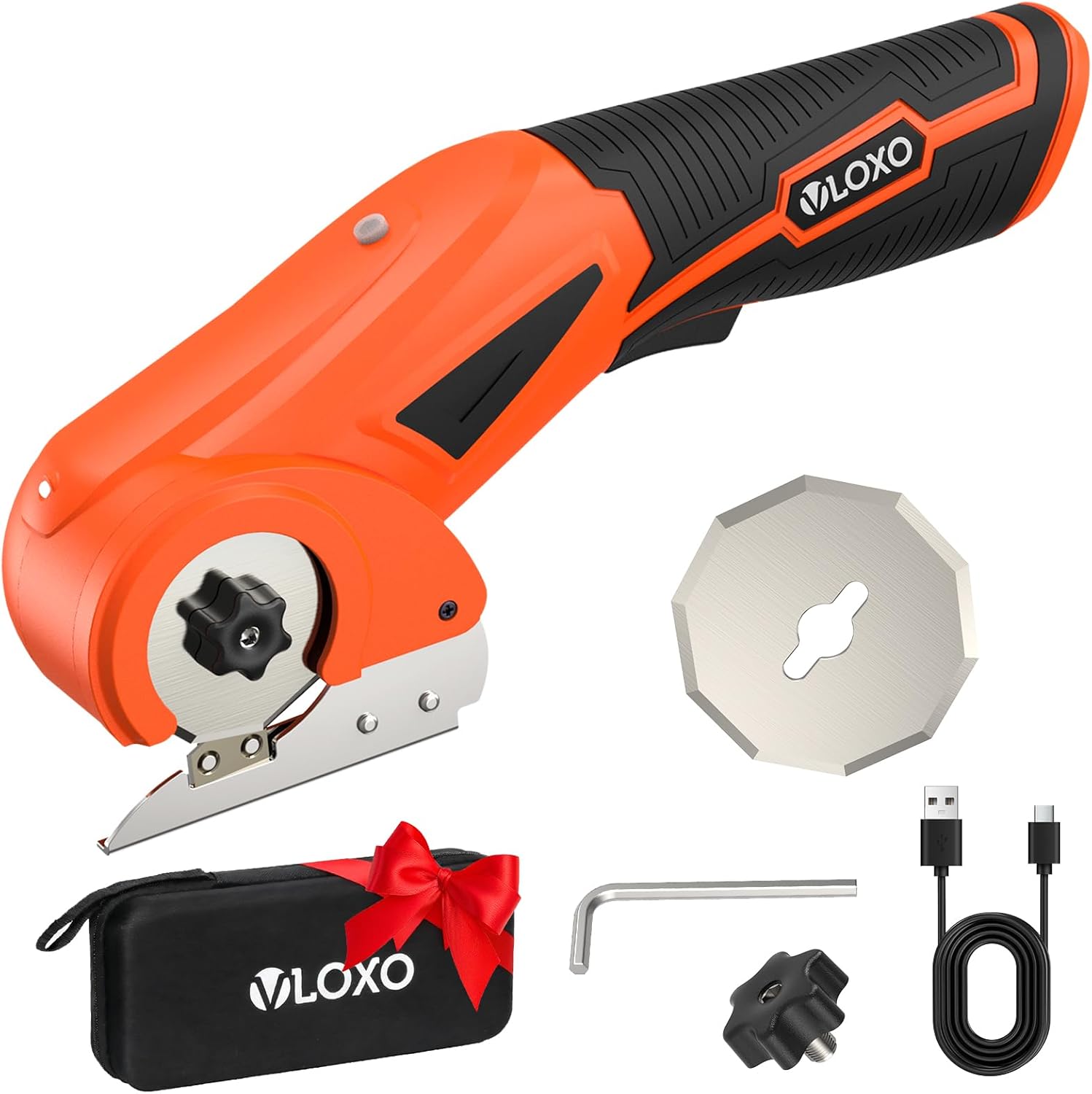 VLOXO Cordless Electric Scissors Cardboard Cutter Rechargeable Electric Box Cutter 4V Powerful Rotary Scissors with Replacement Blade and Safety Lock for Leather Carpet Plastic (Orange)
