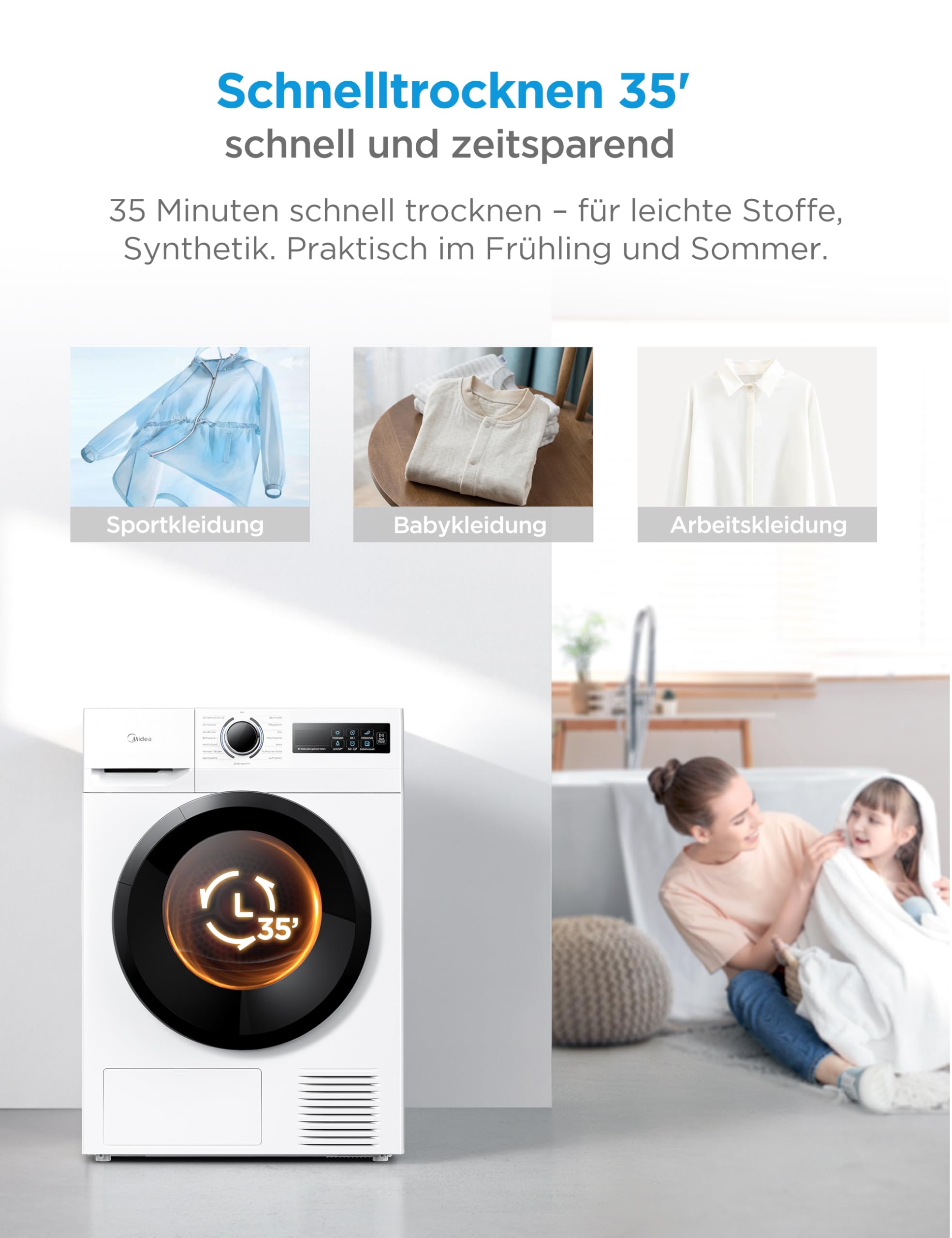 Midea MD11EH70BD Wärmepumpentrockner 7 kg Energieklasse D Schnelltrocknen 35' HealthGuard Sensor-Trocknung Weiß