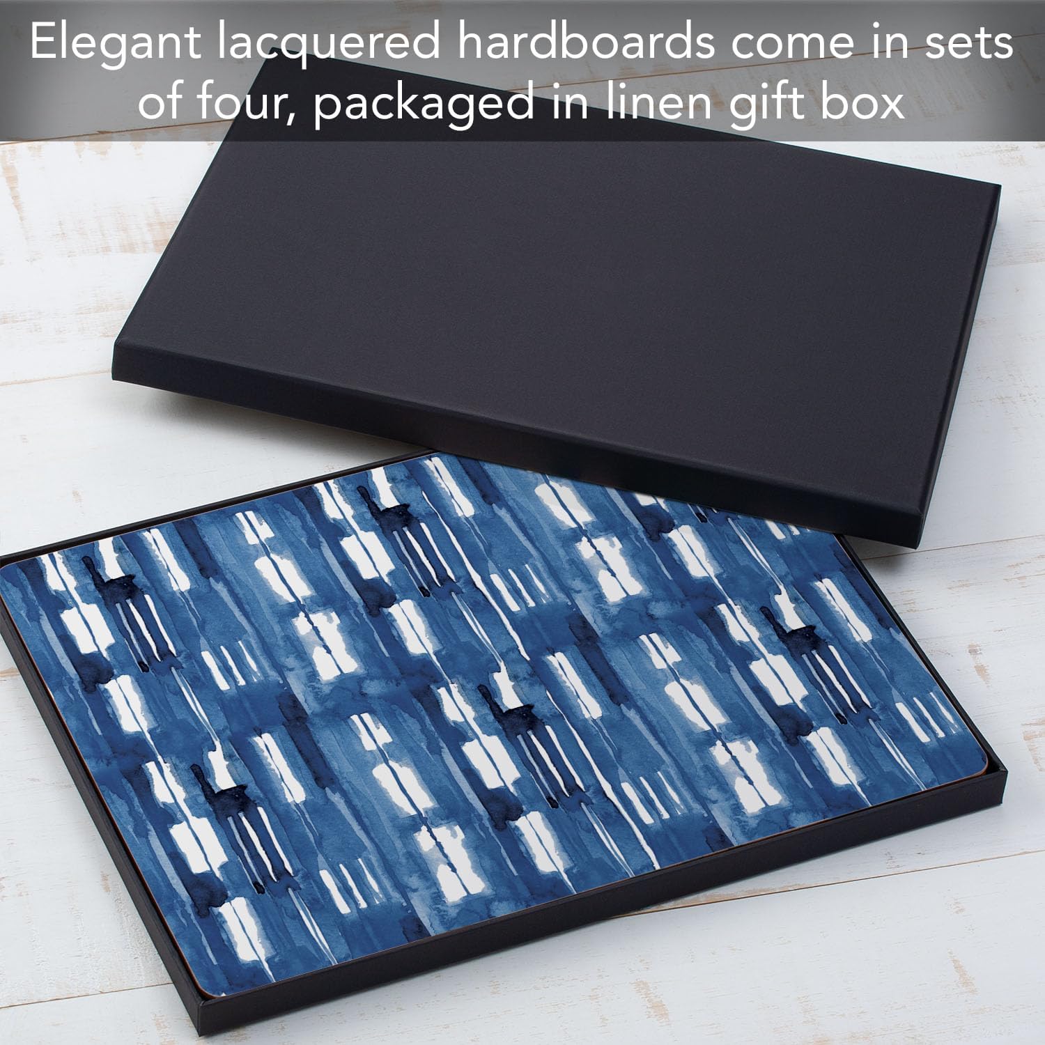 CounterArt Indigo Block Lines Premium Decorative Hardboard Tabletop Placemats 4-Pack Manufactured in The USA Heat Tolerant and Easily Wipes Clean