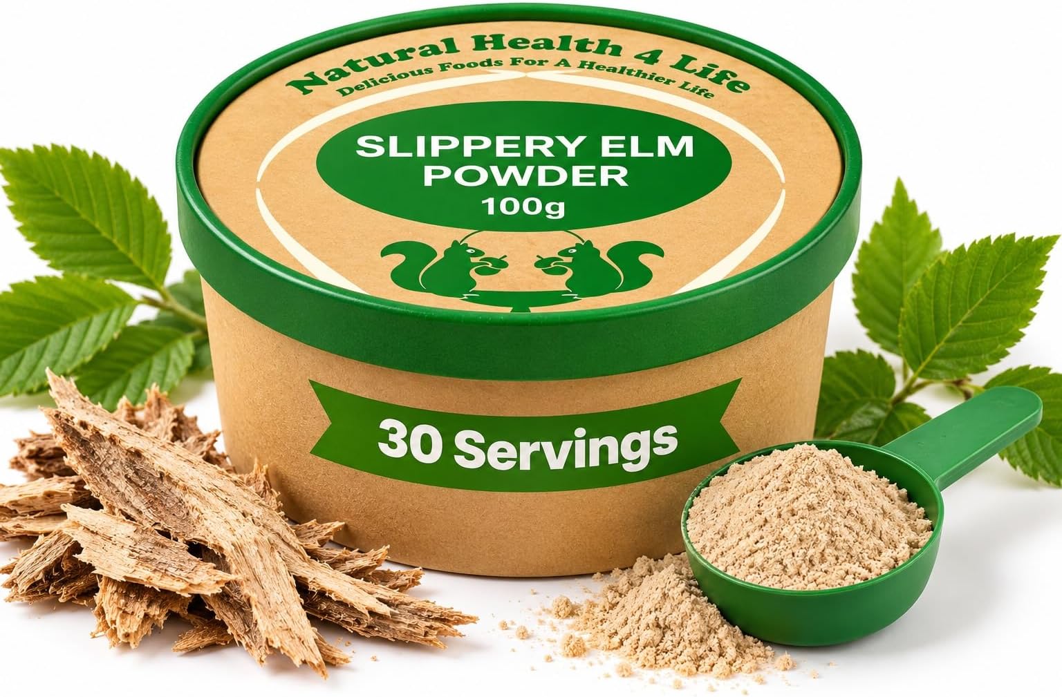 Natural Health 4 Life Slippery Elm Powder 100g โ 100% Pure Inner Bark โ Natural Source of Mucilage โ Vegan & Gluten Free โ No Additives โ Paper Tub with Scoop