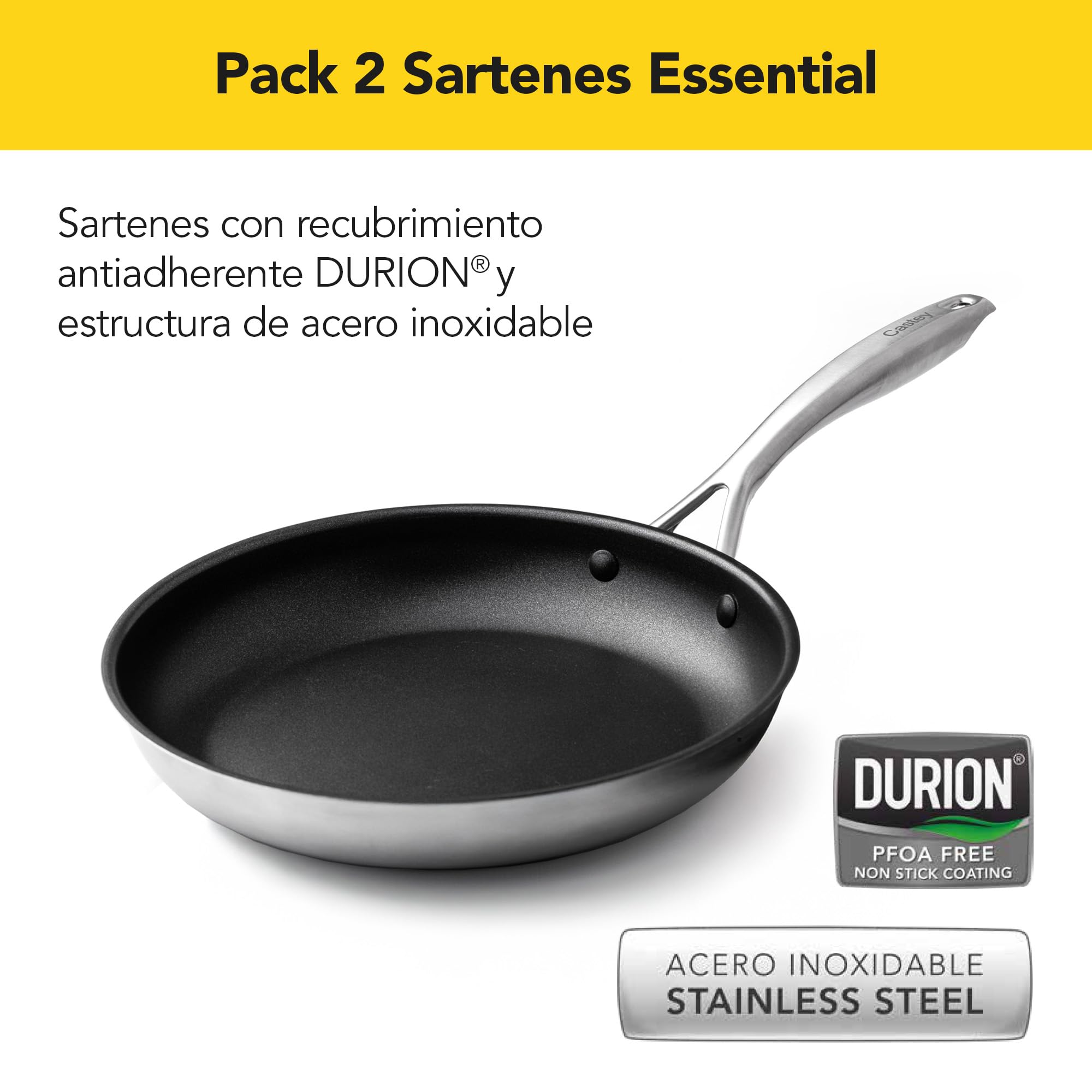 Castey - Juego de 3 Sartenes Inox Essentials, Modelo SET-EA3, Color Plata, Tamaño 18-22-26 cm, Acero inoxidable, Acabado Elegante, Resistente al desgaste, Apta para Todas las Cocinas, Antiadherente