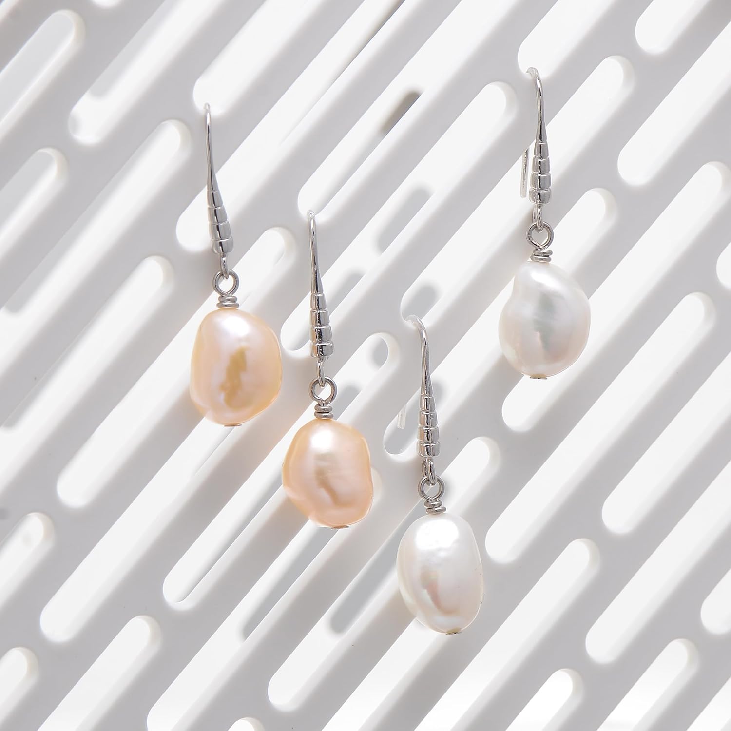 10MM Baroque Pearl Earrings for Women, Cultured Freshwater pearls Dangle Earrings, Pink/White - Image 4