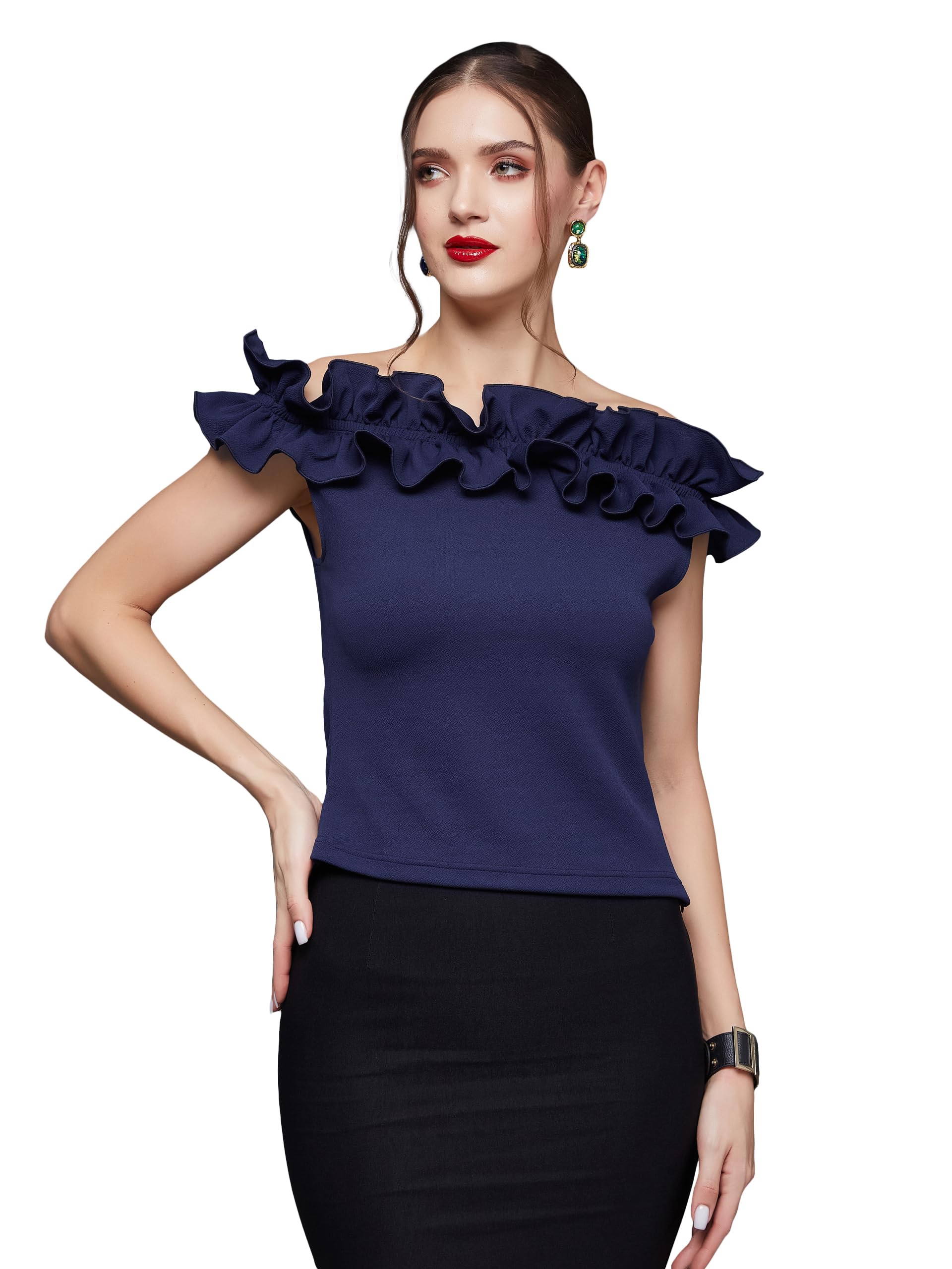 Miss Chase Women's Navy Blue Designer Off Shoulder Sleeveless Solid Slim Fit Ruffled Frilled Gathered Bardot Top-image-3