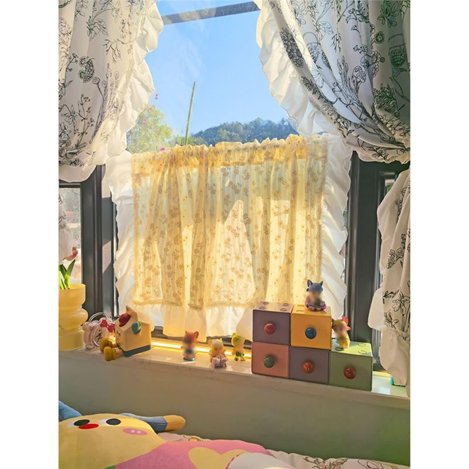 Gardinen 1 Stück Kurz Fenster,140 cm Breit,Rod Tasche | Blumenmuster mit Rüschen,Kuscheliger Flanell,Lichtdurchlässig,Gelb,140 x 60 CM