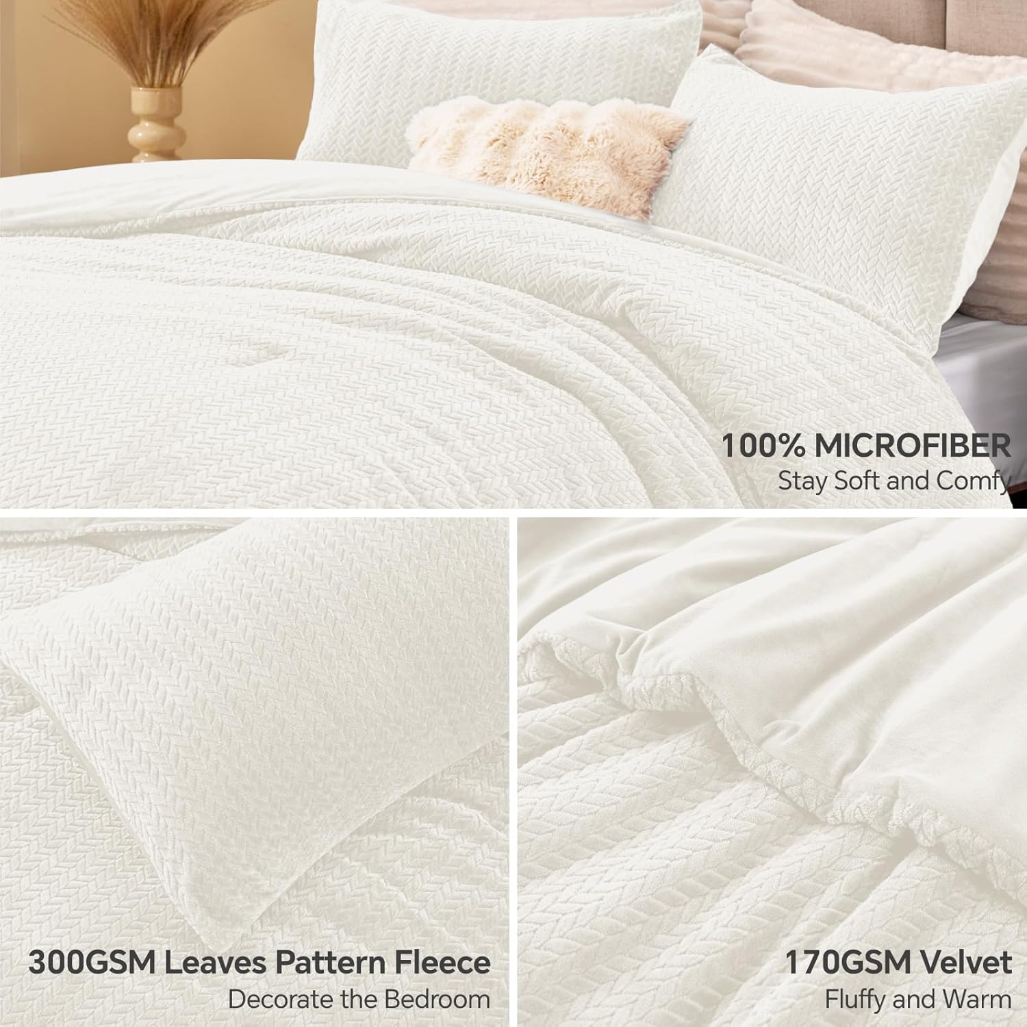 Flannel Fleece Comforter King Set - Furry White Leaves Pattern Faux Fur Bed Set, Winter Ultra Soft Fuzzy Comfort Set, Velvet Bedding Set for Bed with 2 Pillow Cases White King(102"x90")