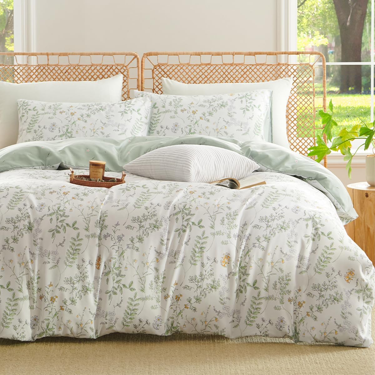 CCoutueChen Botanical Duvet Cover Queen Sage Green Reversible Floral Bedding Set Farmhouse Leaf Bedding 3Pcs Modern Aesthetic Duvet Covers with Zipper Closure Ultra Soft Microfiber
