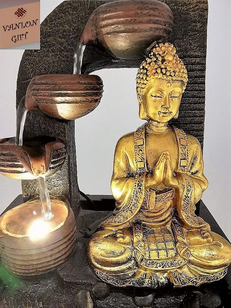 VANLON Water Fountain Buddha Indoor Water Feature, Player with 3 Water Cups, White LED Light, 8.2"x6.6"x9.8", 3 Pin UK Plug (Golden) (Golden-1)