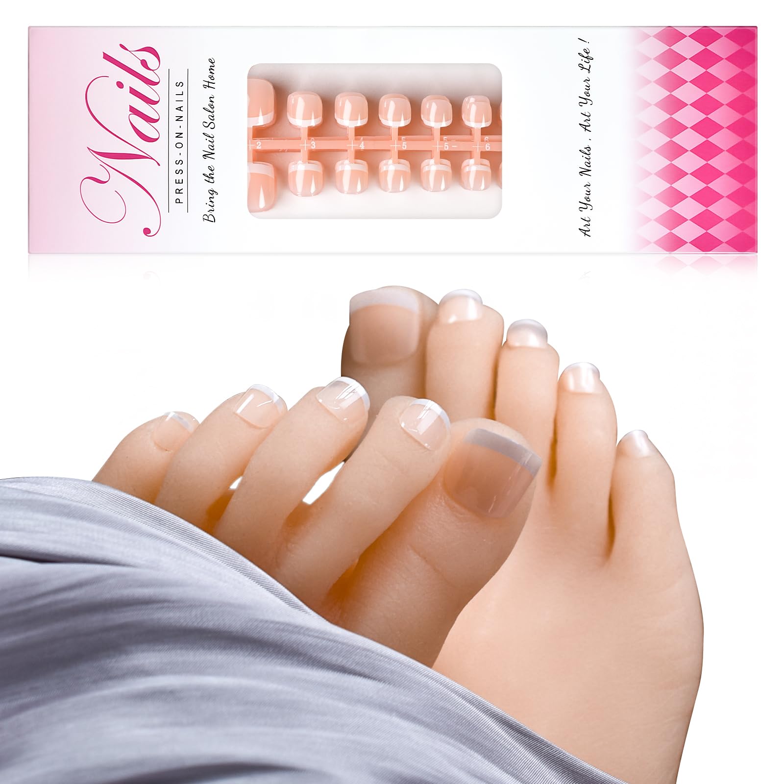 iBeautying French Gel ToeNails Tips - 5 Packs White French Tip Press on Toe Nails - Square Clear Nude Pink Short Shape Nail Tip, Fake False ToesNail