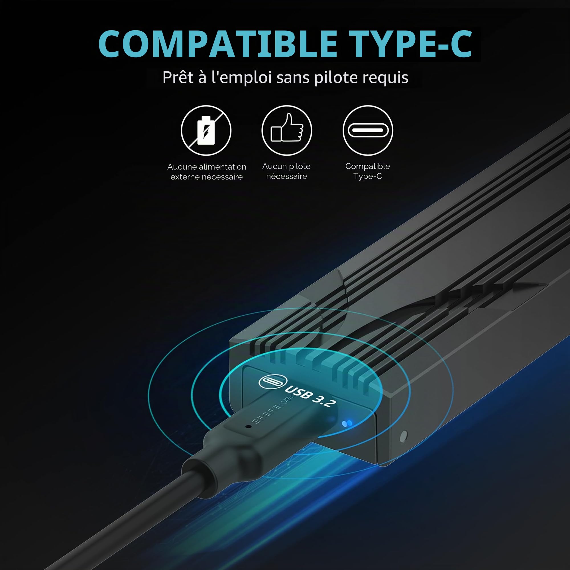 SABRENT Boîtier NVMe USB C, boîtier SSD M.2 sans Outils pour 2230-2280, Adaptateur USB 3.2 Gen 2 10 Gbit/s, Refroidissement en Aluminium, boîtier de Disque Dur Externe M.2 pour SSD NVMe (EC-PNVO)