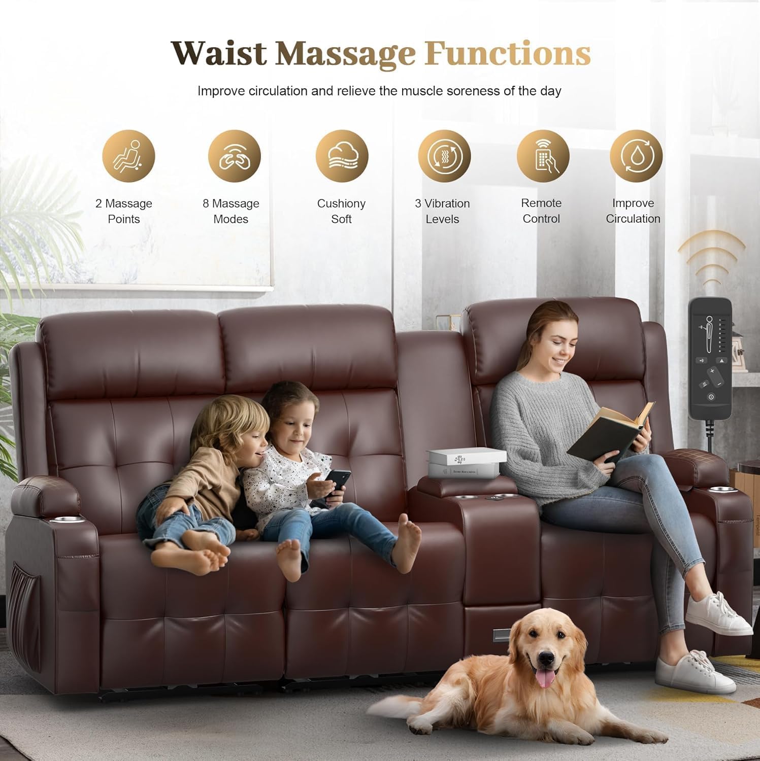Massage Recliner Sofa 3-Seater USB/Type C Storage Cup Holders Wall Hugger