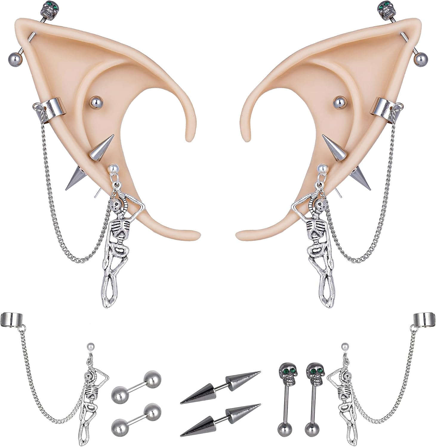 FRESHME 2 Pairs of Fairy Elf Ears with Sliver Piercings - Gothic Elf Ear Cuffs Skull Rose Cross Studs Sterling Earrings