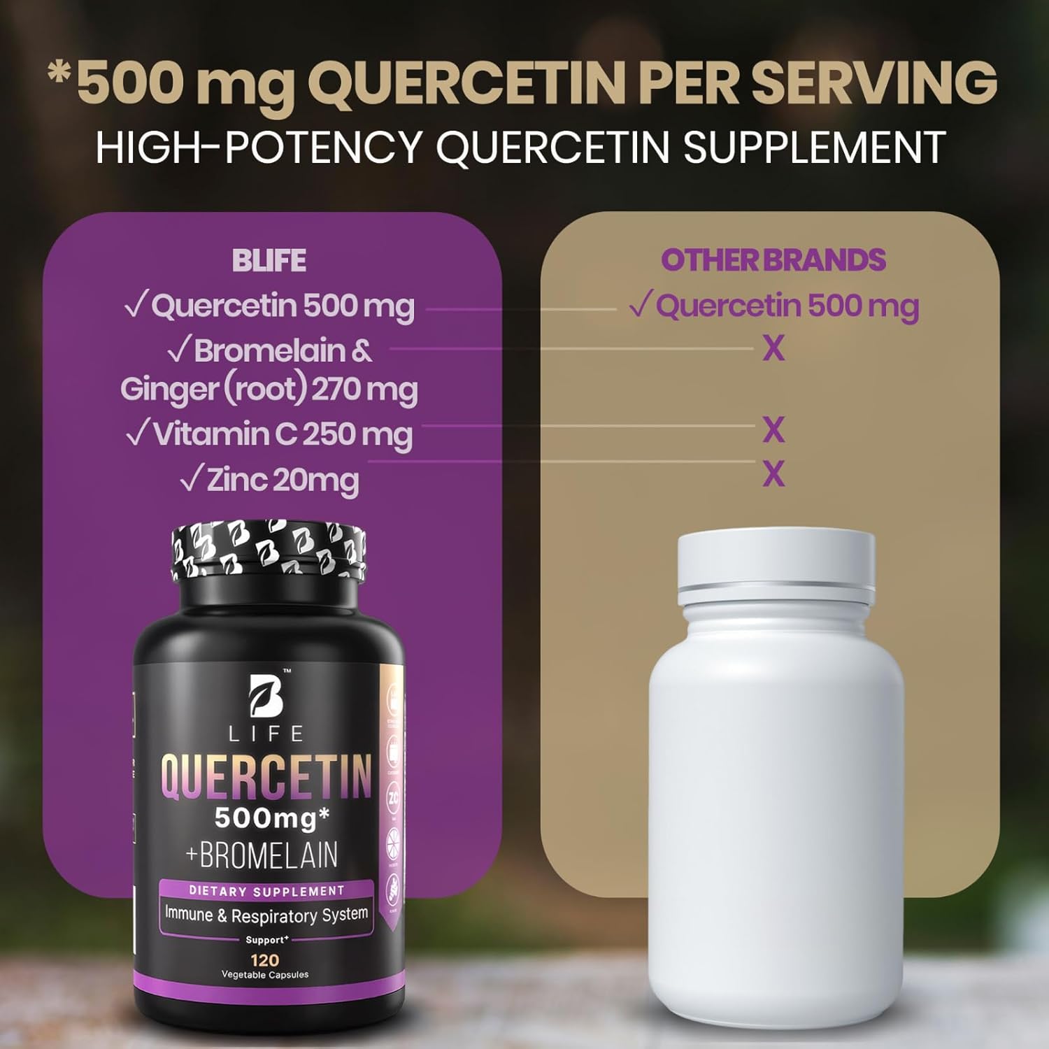 B Life Company BLife Quercetin 500mg Capsules with Vitamin C, Zinc & Ginger – Immune & Antioxidant Support Supplement – Quercetin with Bromelain Supplement – 120 Capsules (60 Servings)