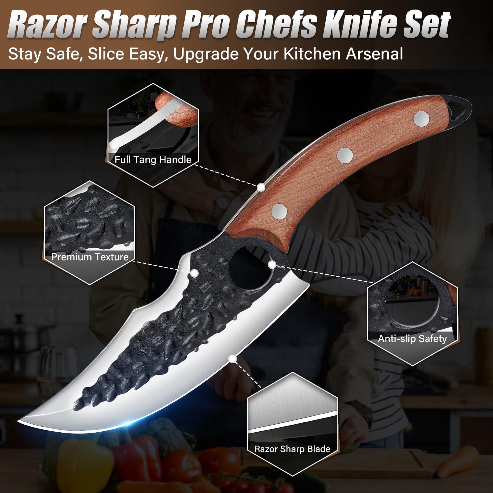 DRAGON RIOT Set de Couteaux de Boucher 3 Pièces - Couteaux Forgés à la Main, Couteau de Cuisine Serbe, Couteau à Désosser Viking - Pour Viande, BBQ - Cadeau Hommes