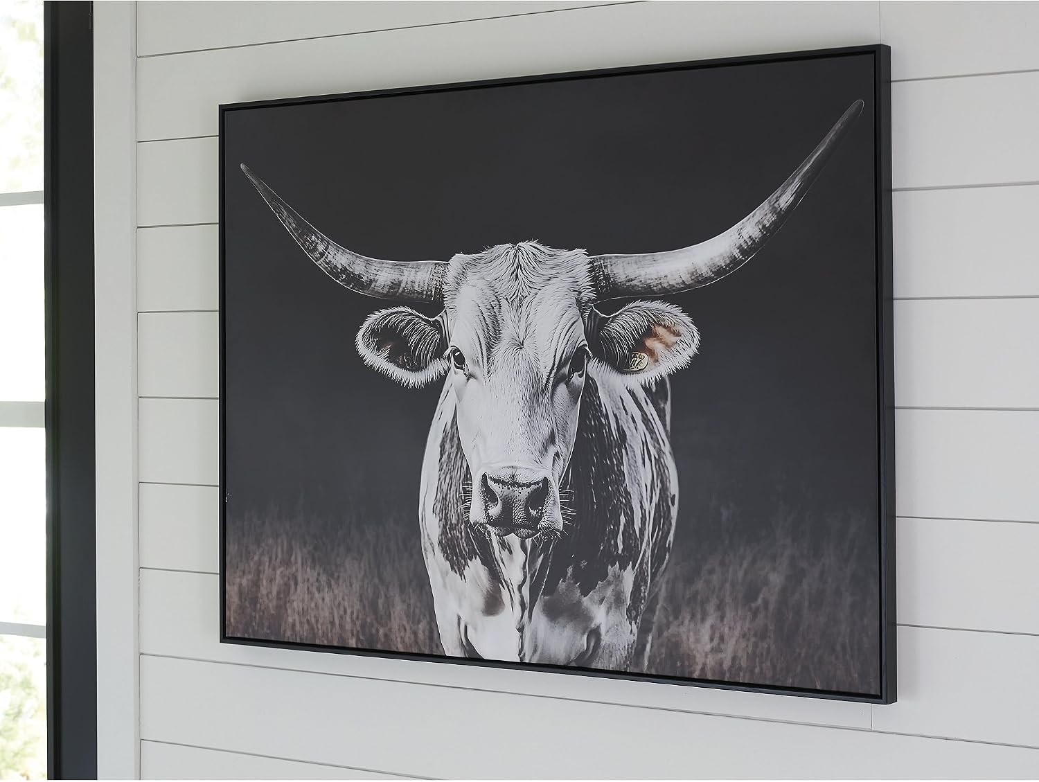 Signature Design by Ashley Harlandale Framed Canvas Wall Art, Longhorn Cow | Modern farmhouse aesthetic, 48x36 oversized print, Polystyrene and fir wood frame, Living room decor, Horizontal hanging only