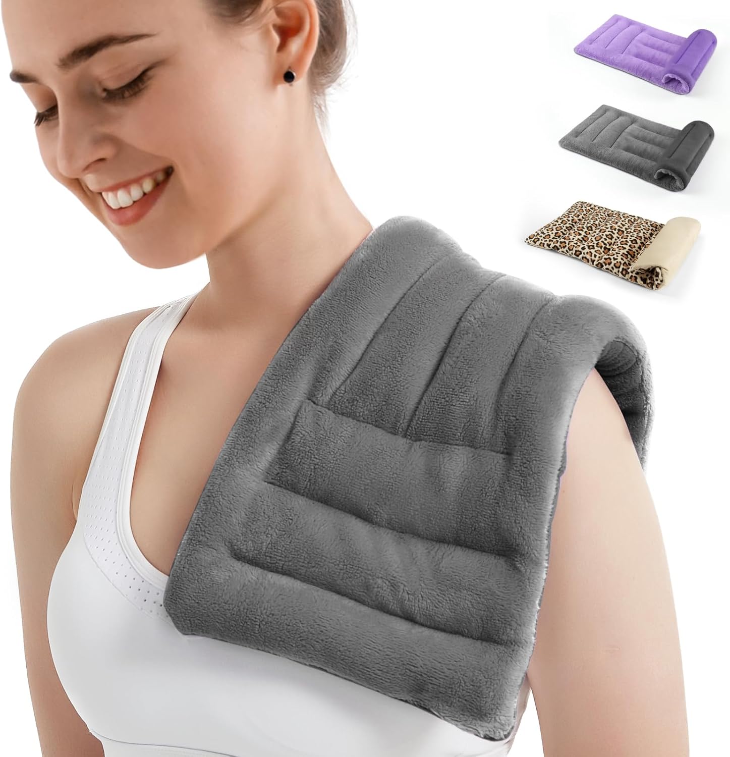 Microwavable Heating Pad for Neck and Shoulders, Weighted Microwave Moist Heated Wrap for Pain Relief Muscle Stress Tension, Heat Neck Wrap with Aromatherapy, Hot & Cold Compress, Grey