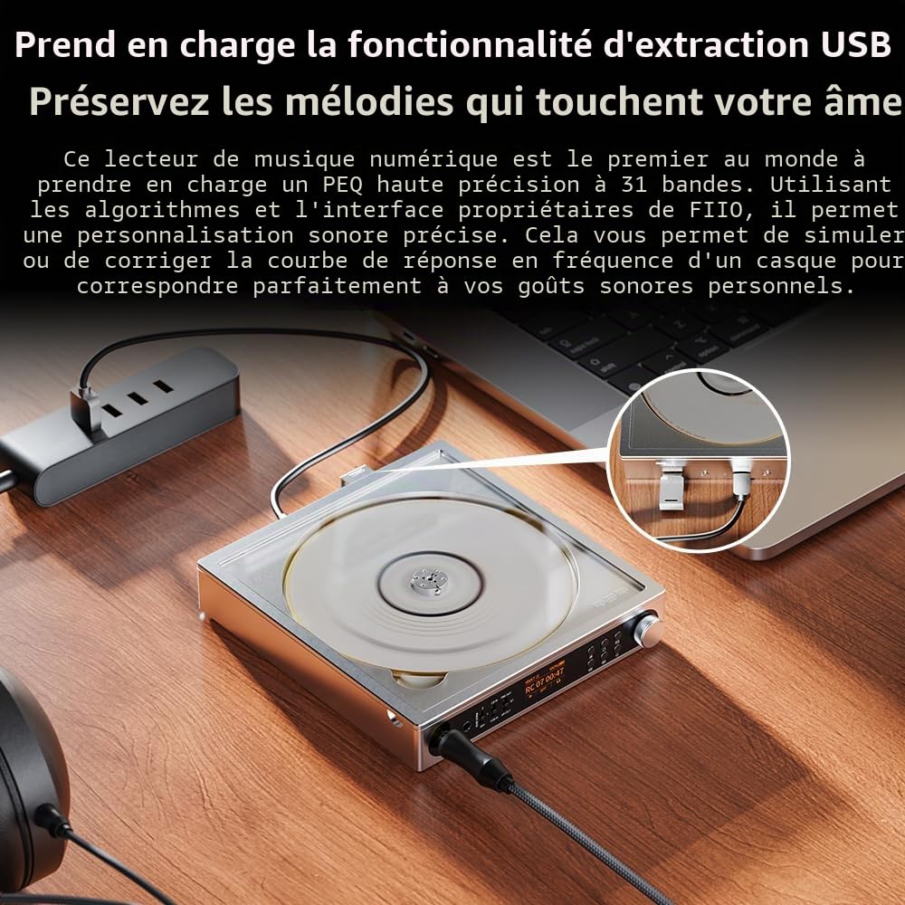 FiiO Lecteur CD stéréo portable DM15 avec véritable DAC R2R 24 bits, sortie haute puissance 1150 mW + 1150 mW, émetteur Bluetooth adaptatif aptX, 24 préréglages sonores, audio Hi-Fi USB/CD, écran HD