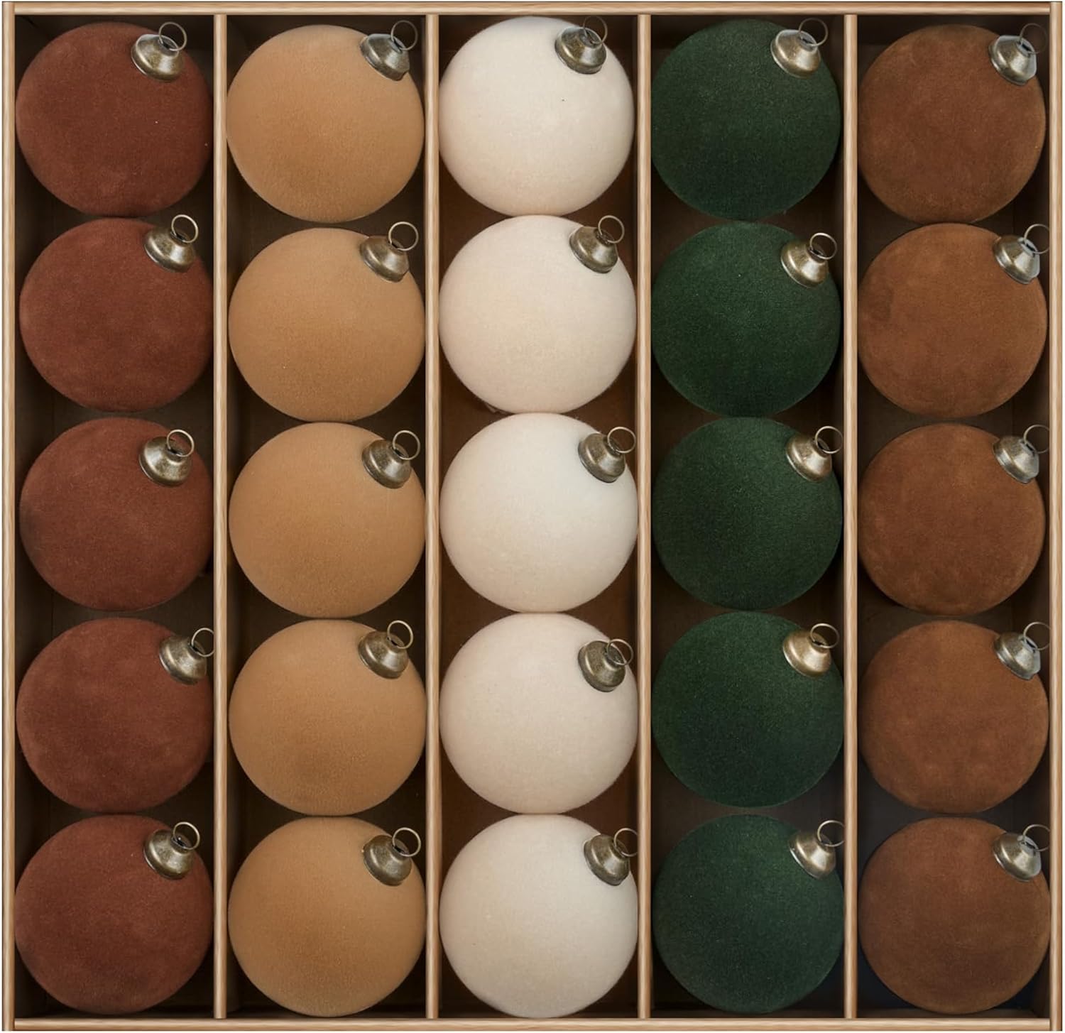 JORNOY 25-Pack Velvet Christmas Ornaments Bulk, Plastic Flocked Ornaments Decorative Balls for Christmas Tree Decorations Party Decor (Brown & Green & Beige, 2.36Inch)