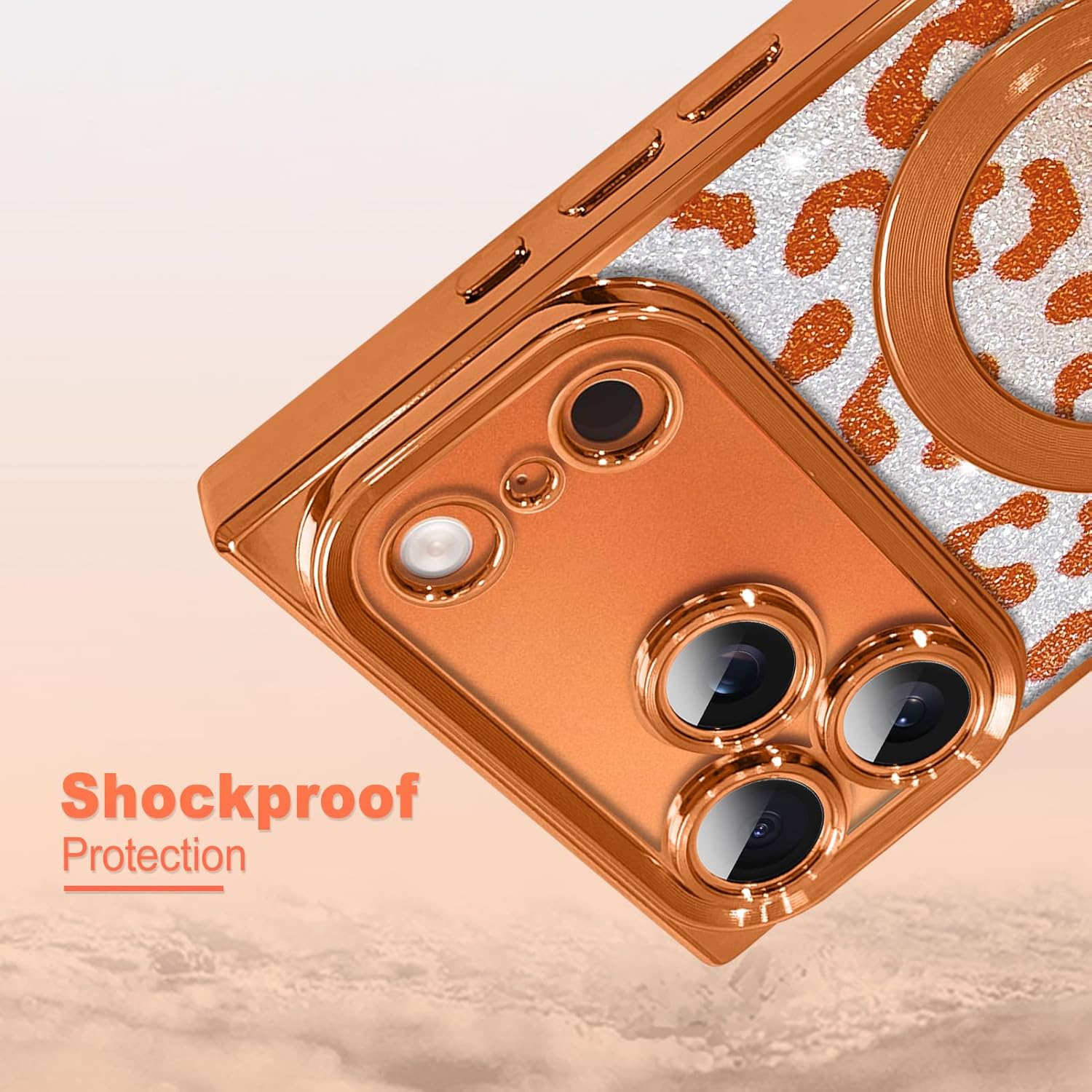 AIGOMARA Phone Case for iPhone 17 Pro Max 6.9 Inch [Compatible with MagSafe] Orange Leopard Print Design Glitter Bling Case Shockproof Scratch-Resistant Soft TPU Phone Cover for Women - Orange - Image 5