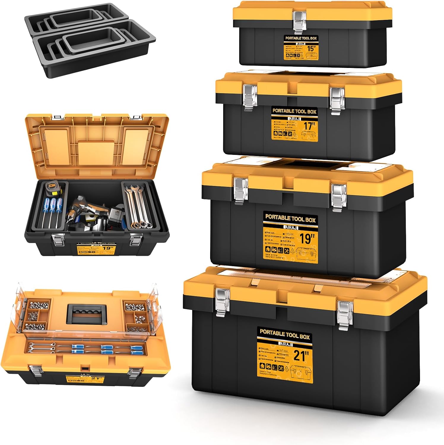 4-In-1 Tool Box Set,Toolbox with 8 Removable Trays,Top with Transparent Parts Box,15 IN+17 IN+19 IN+21 IN,Portable Tool Box with Metal Buckle,for Garage Tool Storage,Home DIY and Professional Work