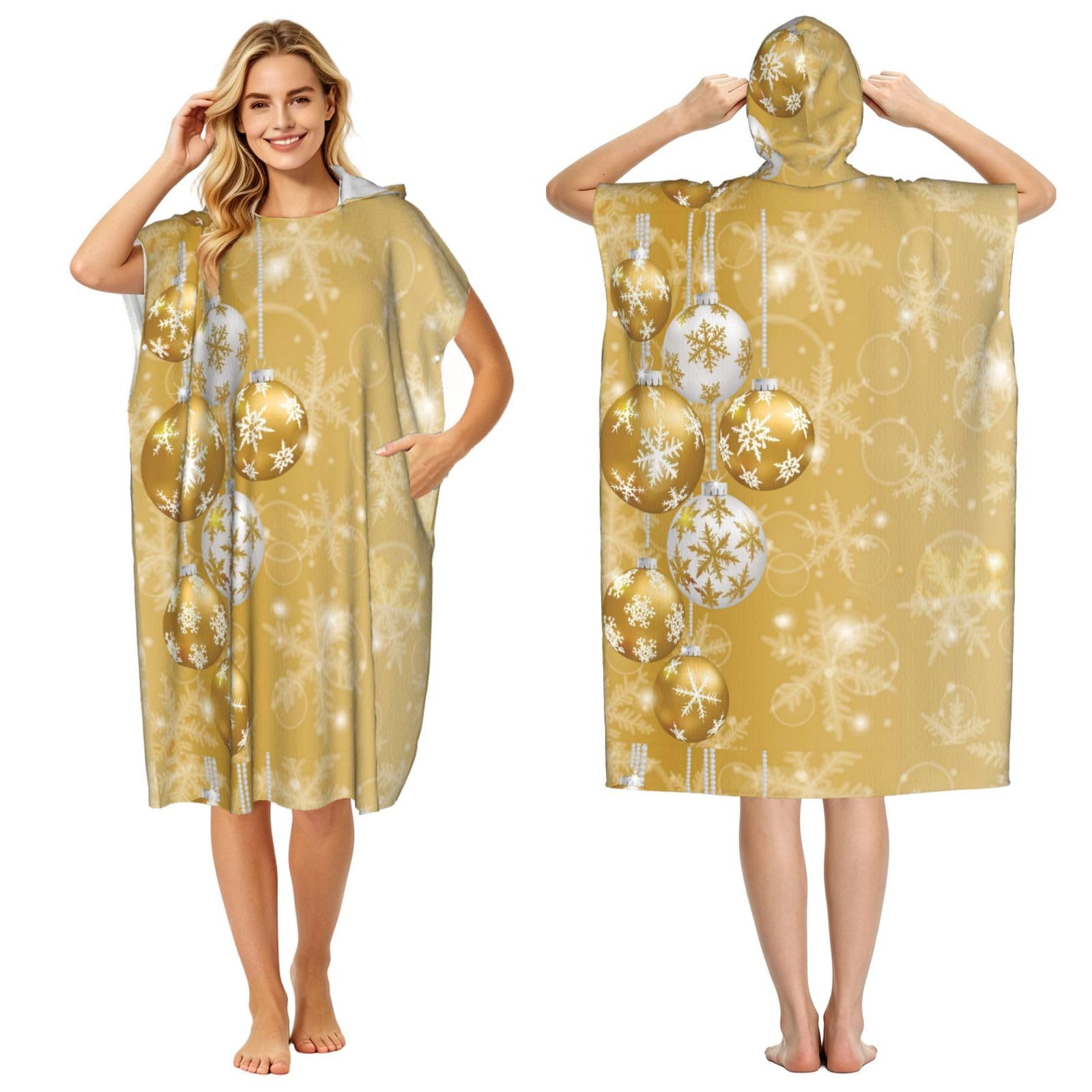 Poadnly Gold Christmas Ball Snowflake Xmas, Adult Hooded Beach Towel 90 x 110 cm,Changing Bath Robe, Surf Poncho Towel For Women Men