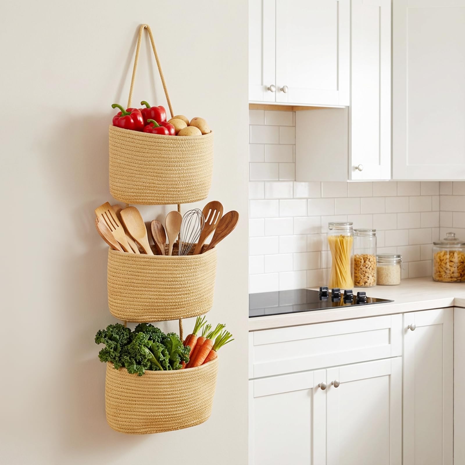 Tasche Portaoggetti Da Parete, 3 Livelli Organizer Per Appendere, Portaoggetti Da Parete Con Tasche In Corda Di Cotone Intrecciata, Per Soggiorno, Bagno, Camera Da Letto (Curcuma)